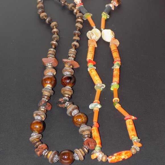 Lot 13 Vintage Bohemian Necklaces Bundle. Wood Glass Ceramic Shell Semi-Precious - Picture 7 of 13